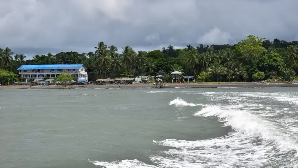 Oleaje frente a una playa con palmeras y construcciones en la costa del Pacífico, bajo un cielo nublado